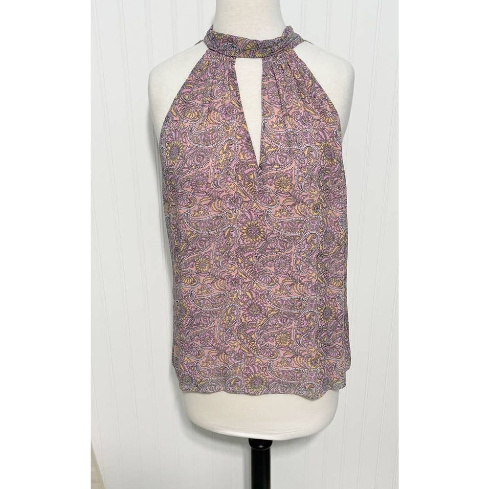 Ramy Brook Lula Paisley Print Sleeveless Keyhole Tie Back Top‎ Blouse Pink Large